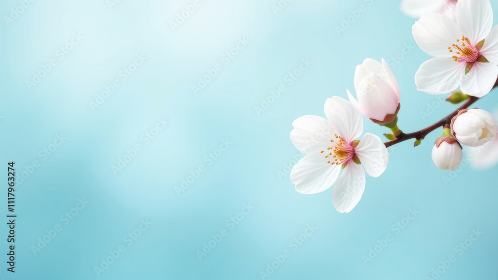 branch of blooming white sakura on light blue background branch of blooming white sakura on light blue background
