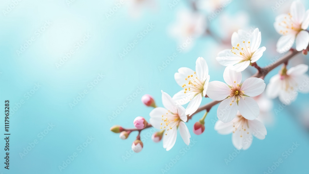 branch of blooming white sakura on light blue background branch of blooming white sakura on light blue background