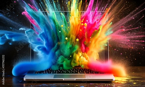 A vibrant explosion of colors emanating from a laptop, symbolizing creativity and innovation.