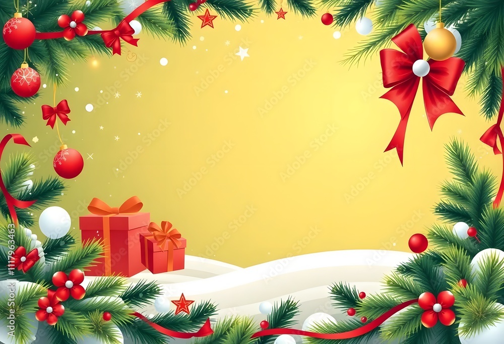 Merry Christmas Festive Background: Gifts, Ornaments, and Evergreen Branches in a Winter Wonderland Setting Merry Christmas Festive Background: Gifts, Ornaments, and Evergreen Branches in a Winter Wonderland Setting