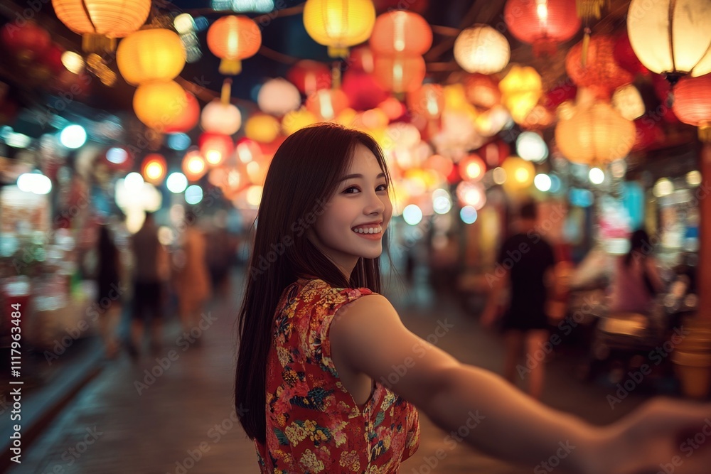 Woman in a red dress is smiling and posing for a picture in front of a colorful light display
