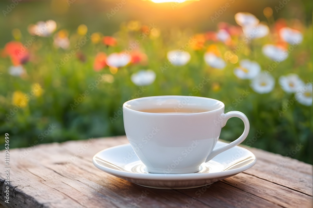 close-up of a white ceramic tea cup on a wooden table in a colorful flower field with copy space. close-up of a white ceramic tea cup on a wooden table in a colorful flower field with copy space.