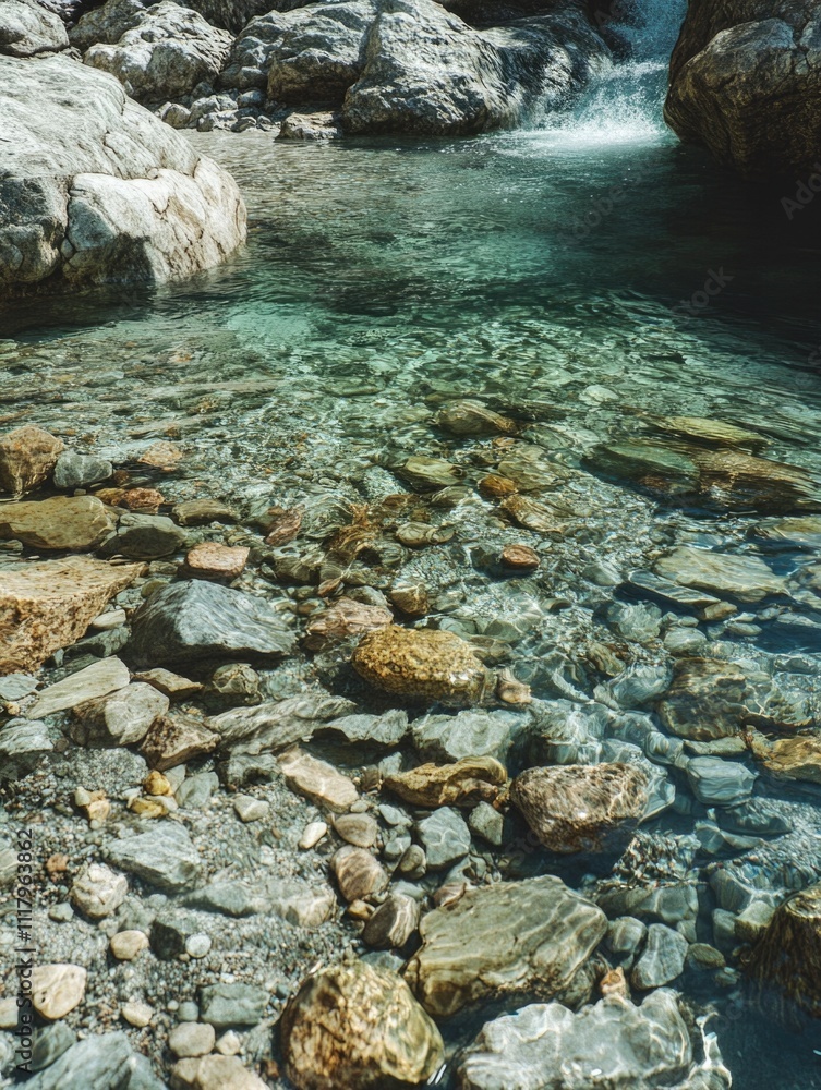 A mountain stream with clear blue water and rocky banks. A mountain stream with clear blue water and rocky banks.