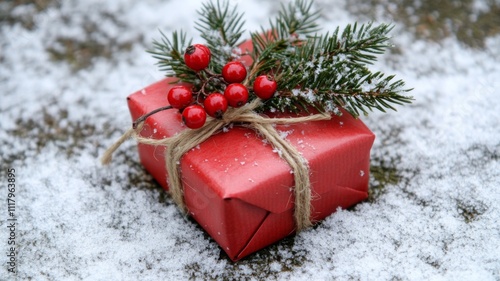 Red Gift Box Adorned with Pine Sprigs and Berries in the Snow