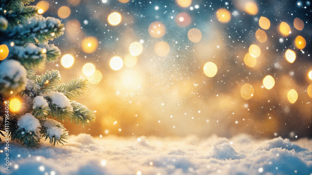 Beautiful New year background. Christmas tree in snow and blurred lights of festive garland Beautiful New year background. Christmas tree in snow and blurred lights of festive garland