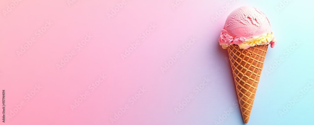 Ice cream in a cone on a solid pastel background. Wallpaper, banner, background.