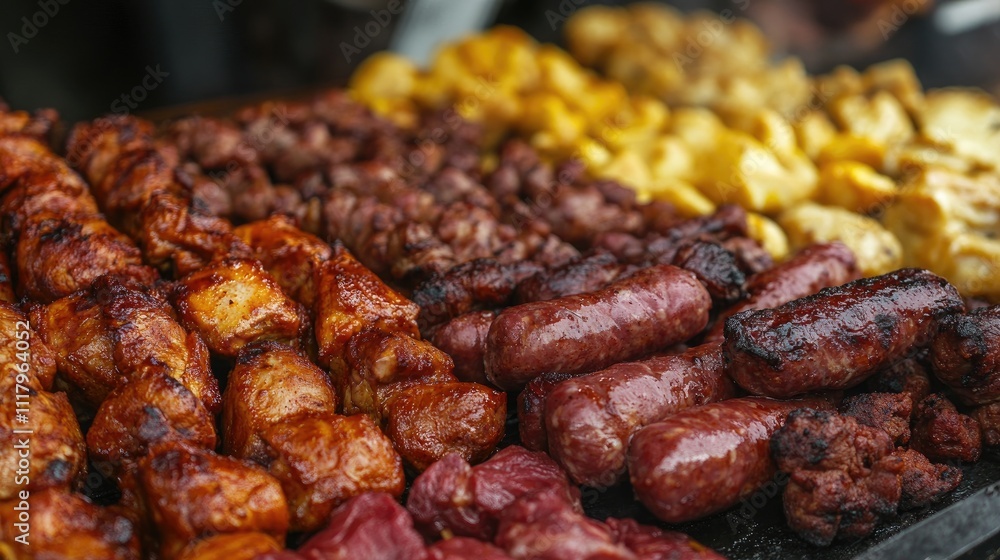 Grilled Meats And Vegetables Assortment On A Grilling Pan Grilled Meats And Vegetables Assortment On A Grilling Pan