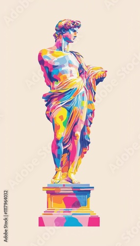 A colorful statue of a man with a book in his hand. The statue is on a pedestal and is surrounded by a colorful background. The statue seems to be a representation of knowledge and wisdom