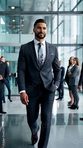 A confident business leader walking through a modern corporate headquarters, employees standing in awe as they pass by