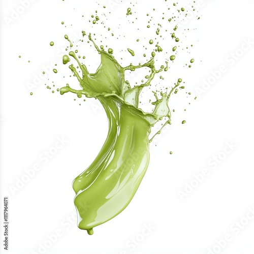 A green splash of paint is splattered across a white background. The splash is in the shape of a banana, with the stem pointing upwards. Concept of energy and movement photo