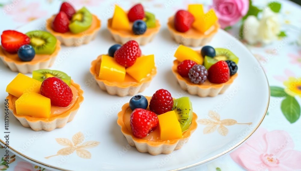 A delicate array of mini fruit tarts each topped with fresh berries kiwi mango and a shiny glaze. The tarts are arranged on a ceramic plate with a background of light floral. A delicate array of mini fruit tarts each topped with fresh berries kiwi mango and a shiny glaze. The tarts are arranged on a ceramic plate with a background of light floral.