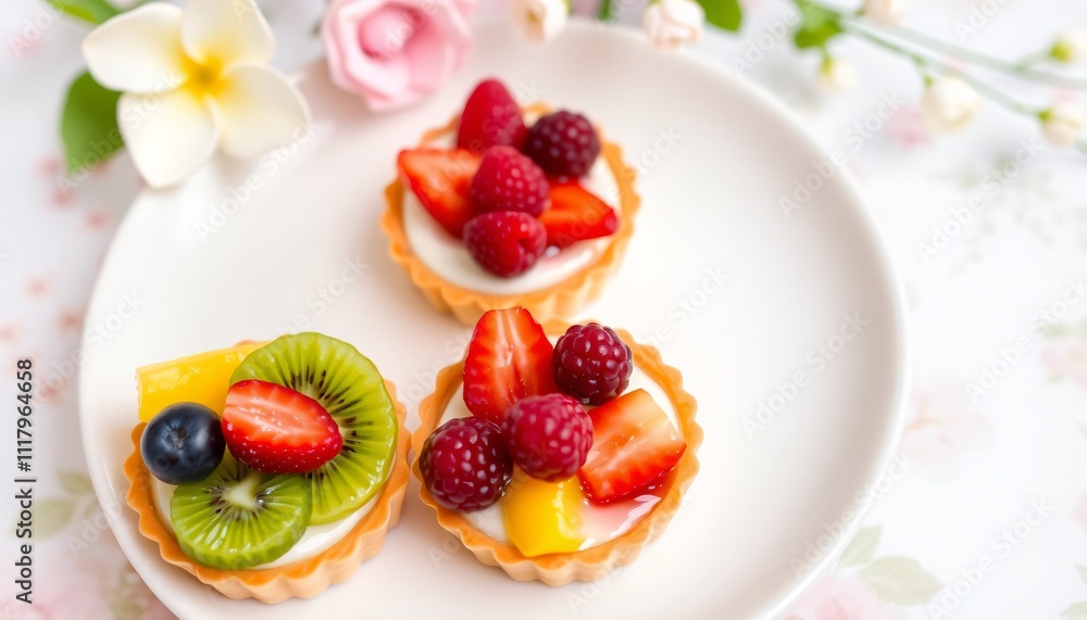 A delicate array of mini fruit tarts each topped with fresh berries kiwi mango and a shiny glaze. The tarts are arranged on a ceramic plate with a background of light floral. A delicate array of mini fruit tarts each topped with fresh berries kiwi mango and a shiny glaze. The tarts are arranged on a ceramic plate with a background of light floral.