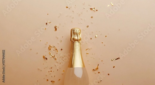 Champagne Bottle with Golden Streamers and Confetti on a Beige Background. AI generated illustration