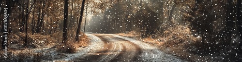 Snowy Winter Road in a Forest with Falling Snowflakes. AI generated illustration