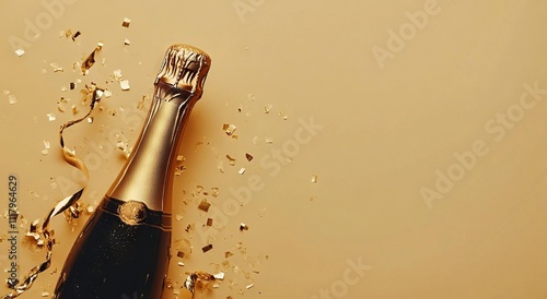 Champagne Bottle with Golden Streamers and Confetti on a Beige Background. AI generated illustration