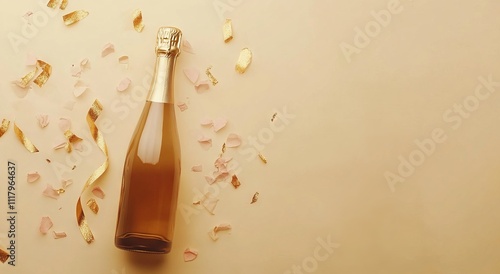 Champagne Bottle with Golden Streamers and Confetti on a Beige Background. AI generated illustration