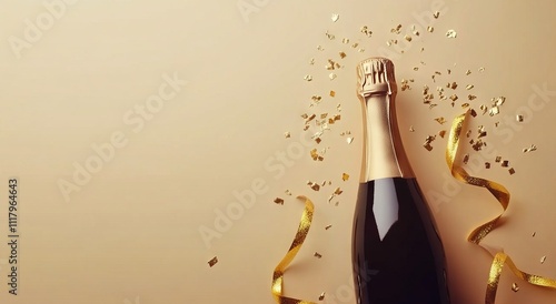 Champagne Bottle with Golden Streamers and Confetti on a Beige Background. AI generated illustration