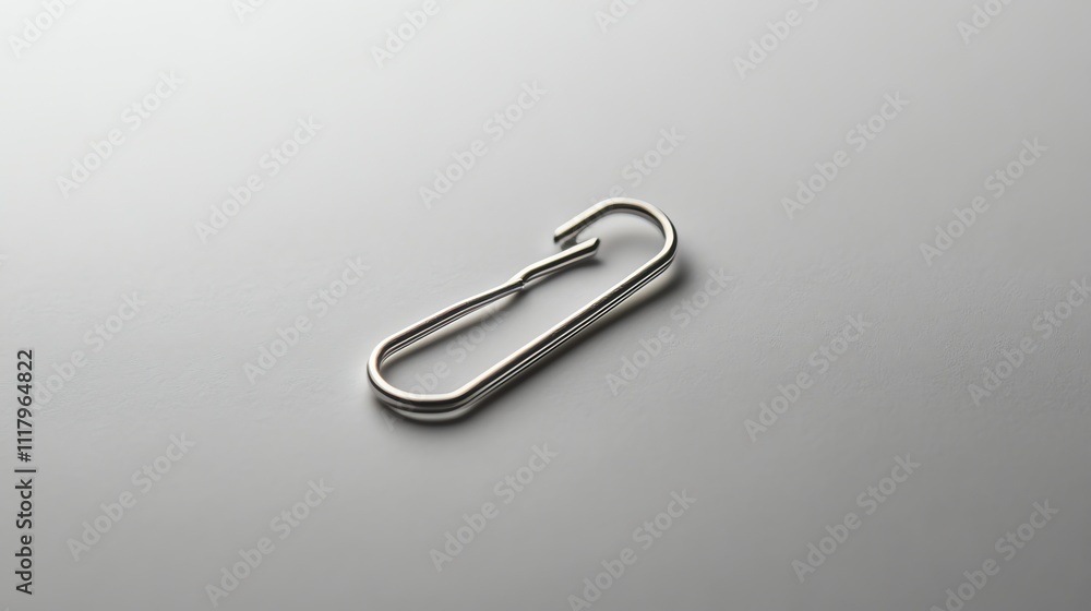 A silver hook or clasp on a white surface. A silver hook or clasp on a white surface.