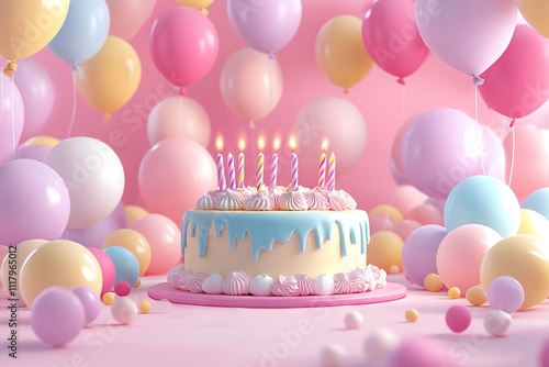 3D Cartoon Birthday Background with Cake and Balloons. AI generated illustration