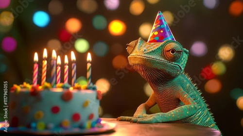 3D Chameleon with Birthday Hat and Cake in Vibrant Setting. AI generated illustration