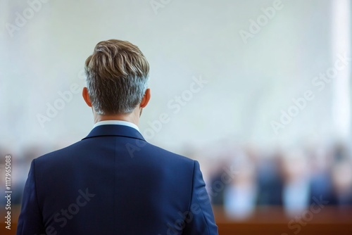 A corporate lawyer presenting a compliance report to stakeholders.