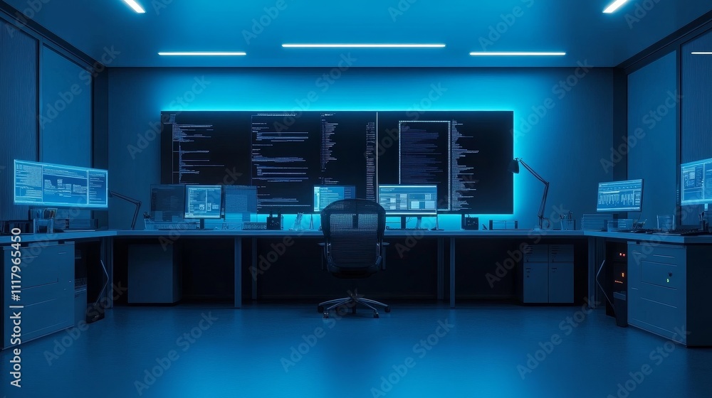 A modern tech workspace illuminated by blue light, featuring multiple monitors and a central chair. A modern tech workspace illuminated by blue light, featuring multiple monitors and a central chair.