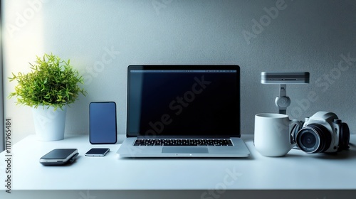 A minimalist workspace with a laptop, smartphone, camera, and a cup of coffee.
