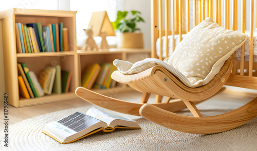 Eco friendly nursery concept. Bright and cozy nursery featuring a rocking chair, plush pillow, and children's books, creating a warm atmosphere for relaxation and play. photo