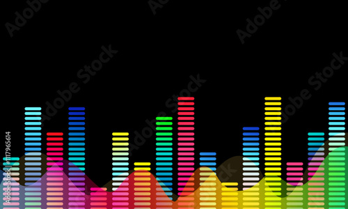 Abstract background, digital equalizer bar graph, digital graphic illustration, frequency graph, sound wave, gradient color bar.