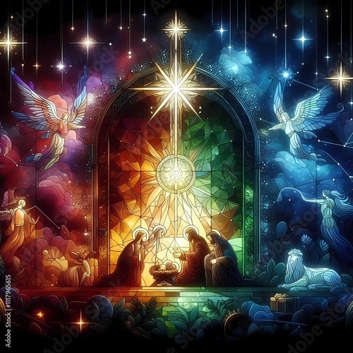 A digital nativity scene rendered in glowing stained glass style, surrounded by stars and constellations photo