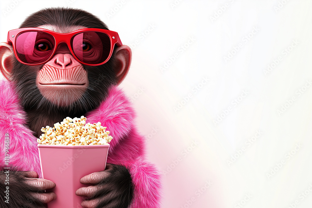 Fototapeta premium A playful monkey wearing bright red sunglasses, holding a box of popcorn with a cheeky smile, creating a fun and vibrant scene.