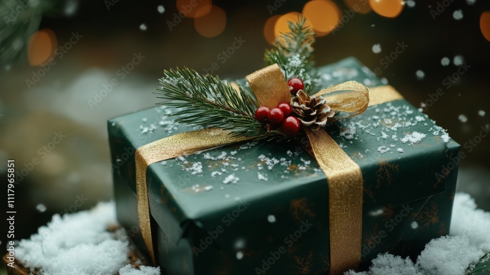 A Green Christmas Gift Box Decorated with Pine and Red Berries Resting on a Blanket of Snow A Green Christmas Gift Box Decorated with Pine and Red Berries Resting on a Blanket of Snow