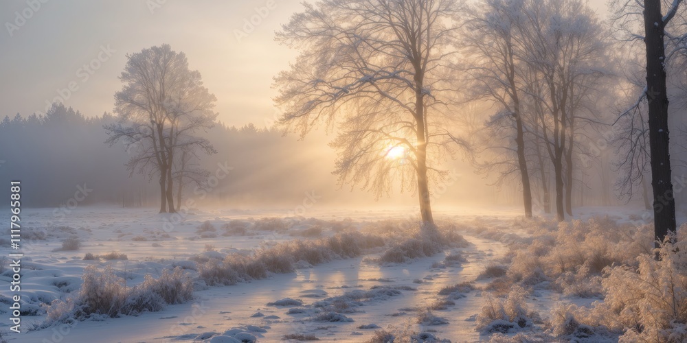 Beautiful winter sunrise illuminating a frosty landscape with trees Beautiful winter sunrise illuminating a frosty landscape with trees