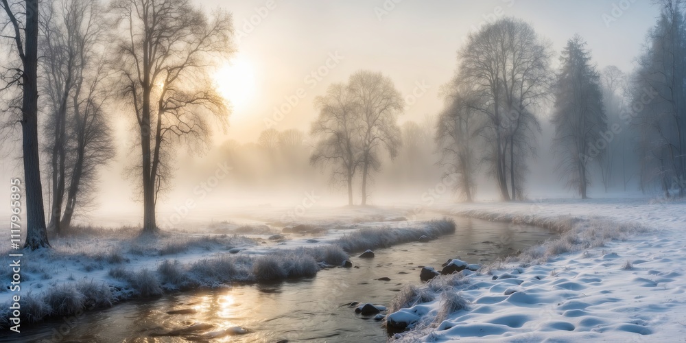 Misty winter sunrise over a frozen river and trees in a serene landscape Misty winter sunrise over a frozen river and trees in a serene landscape