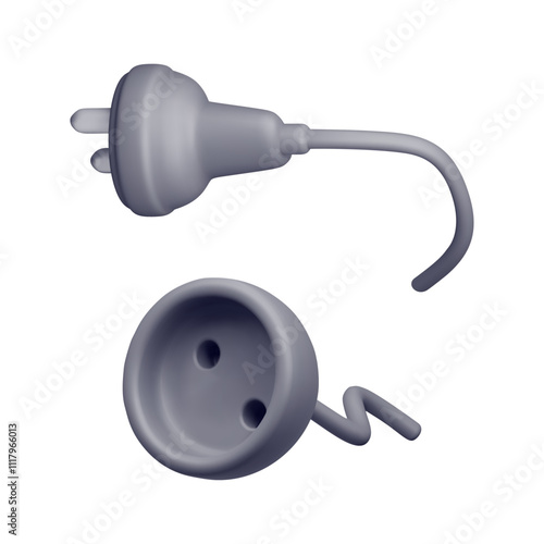 3d black plug and socket isolated. Render socket with plug connector. Electrical appliances and wire equipment. Electrical outlet device components. Vector illustration