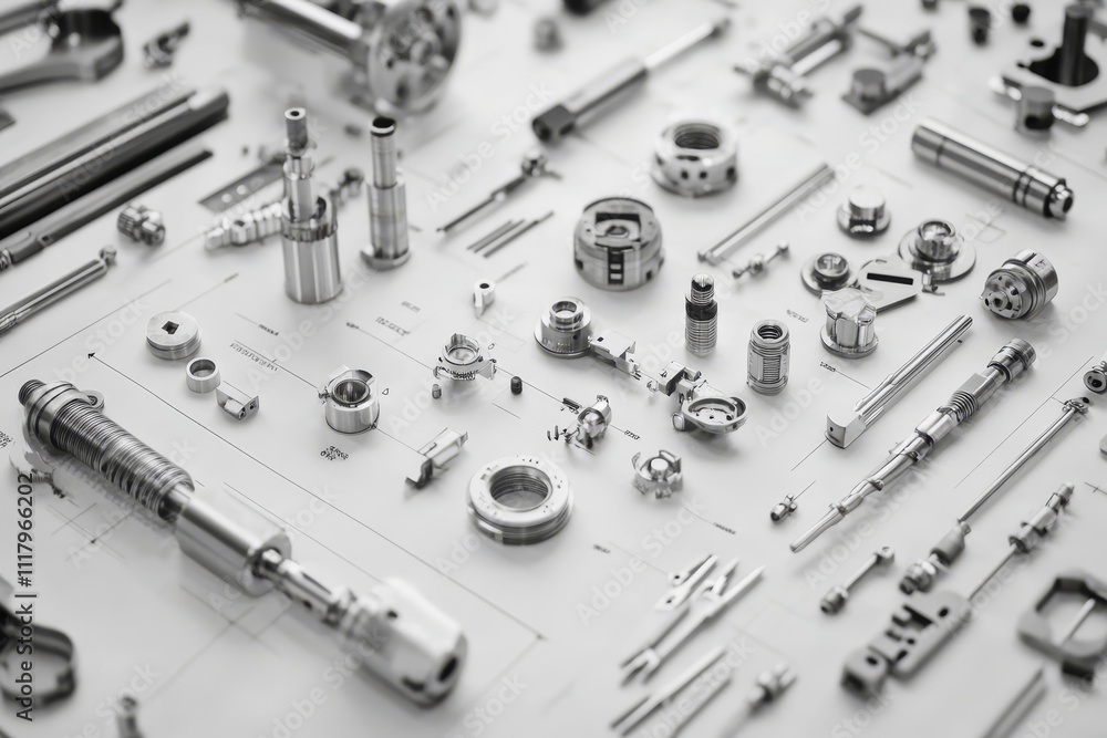 Intricate mechanical components arranged on technical blueprint showcasing engineering innovation Intricate mechanical components arranged on technical blueprint showcasing engineering innovation
