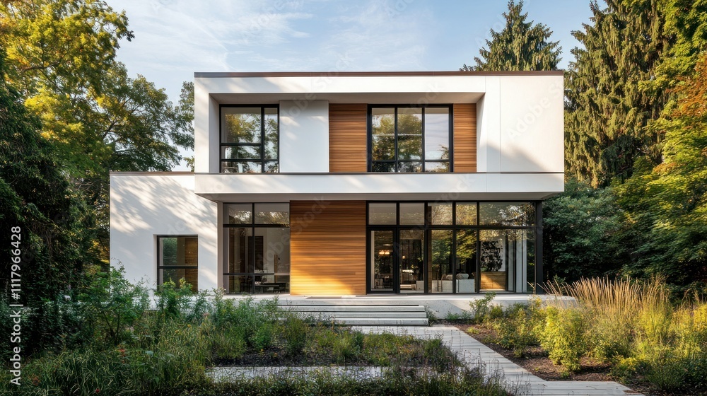 Fototapeta premium A two-story minimalist modern house with a symmetrical design, featuring an open floor plan and large windows, background AI generated image
