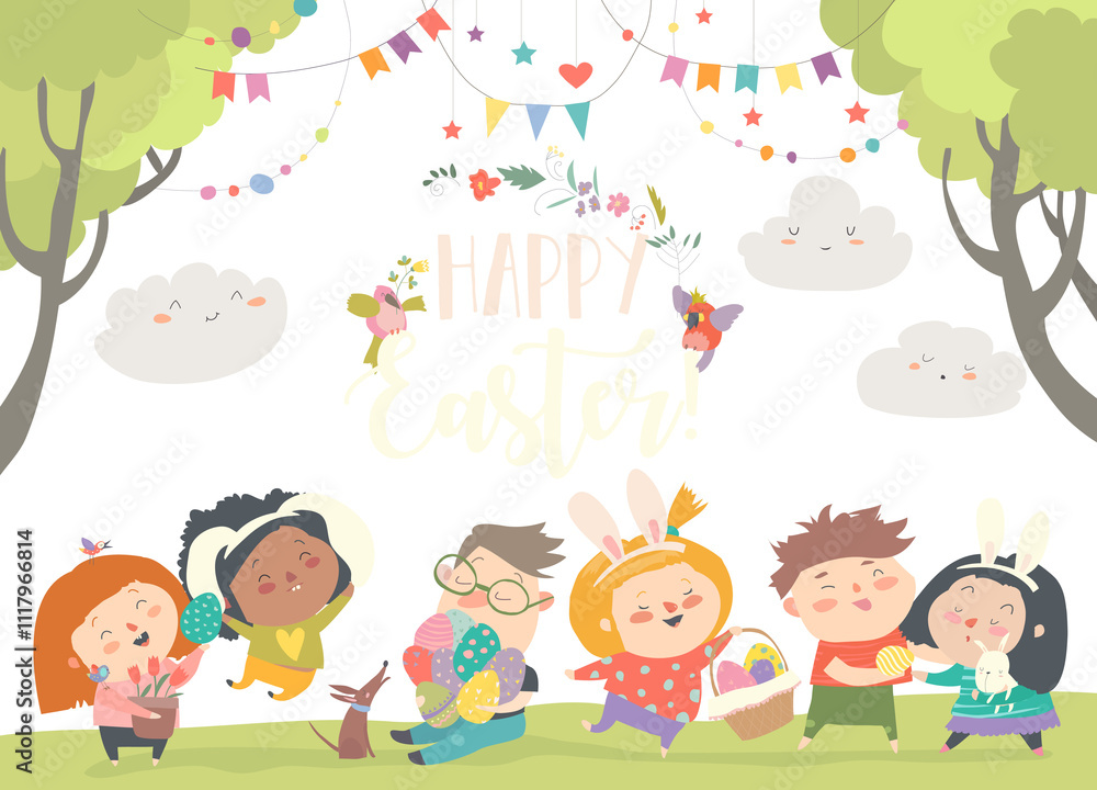 Happy children celebrating Easter. Vector illustration Happy children celebrating Easter. Vector illustration