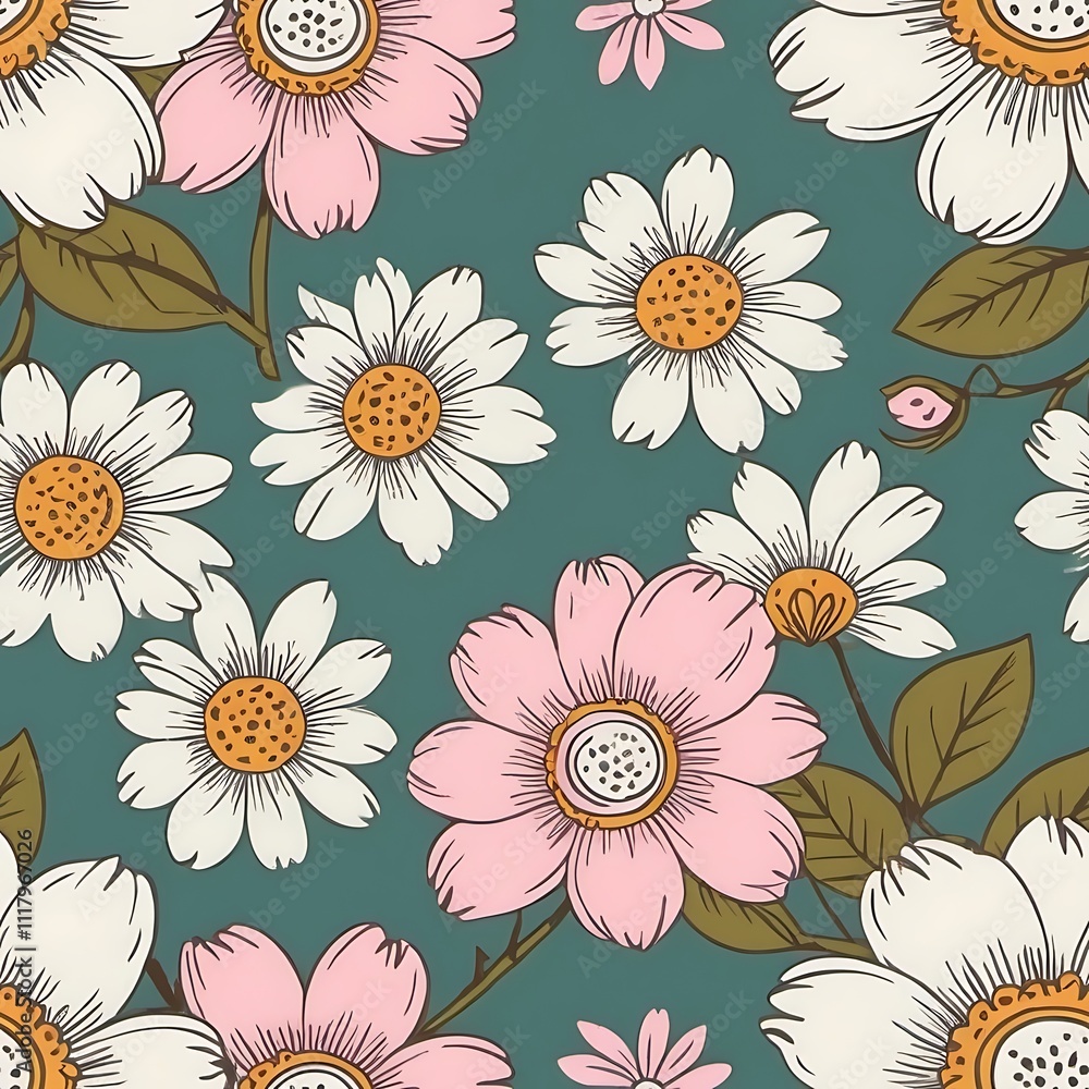 Floral Teal Delight: A charming seamless pattern of pink and white daisies on a teal background. Perfect for textile design, wallpaper, or any project needing a touch of vintage floral charm. Floral Teal Delight: A charming seamless pattern of pink and white daisies on a teal background. Perfect for textile design, wallpaper, or any project needing a touch of vintage floral charm.