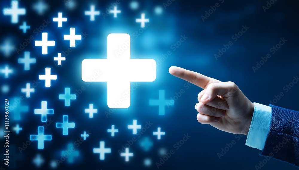 A finger points to a large plus sign; smaller plus signs are in the background. A finger points to a large plus sign; smaller plus signs are in the background.