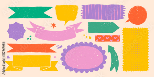 Simple shapes with various patterns in rough rustic style. Hand drawn vintage badges, banners and other forms with textures and patterns. Hand-drawn infographic Vector collection