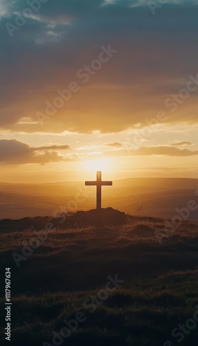 Wallpaper Mural Wooden cross silhouette atop hill at sunrise, emblem of faith, hope, and new beginnings Torontodigital.ca