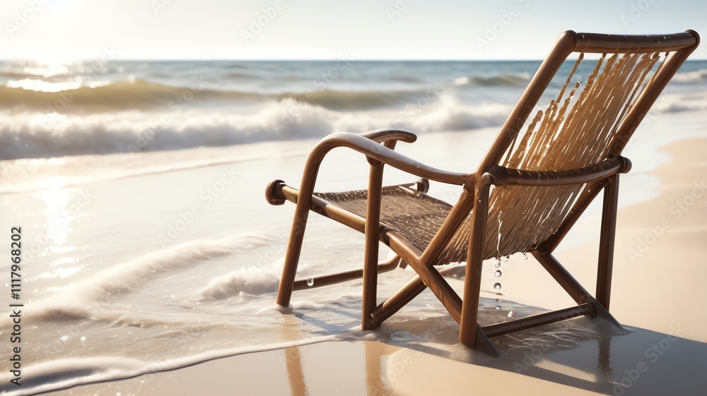 A beach chair sits on a sandy shore, with ocean waves in the background A beach chair sits on a sandy shore, with ocean waves in the background