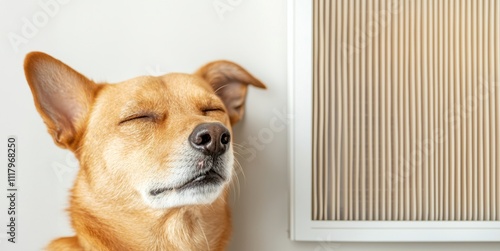 A relaxed dog leans against a wall, eyes closed, enjoying the warmth from a nearby heating vent. photo