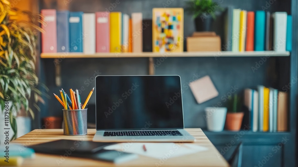 Modern home office setup with a laptop, colorful books, and a pinboard filled with creative inspirations and designs Modern home office setup with a laptop, colorful books, and a pinboard filled with creative inspirations and designs