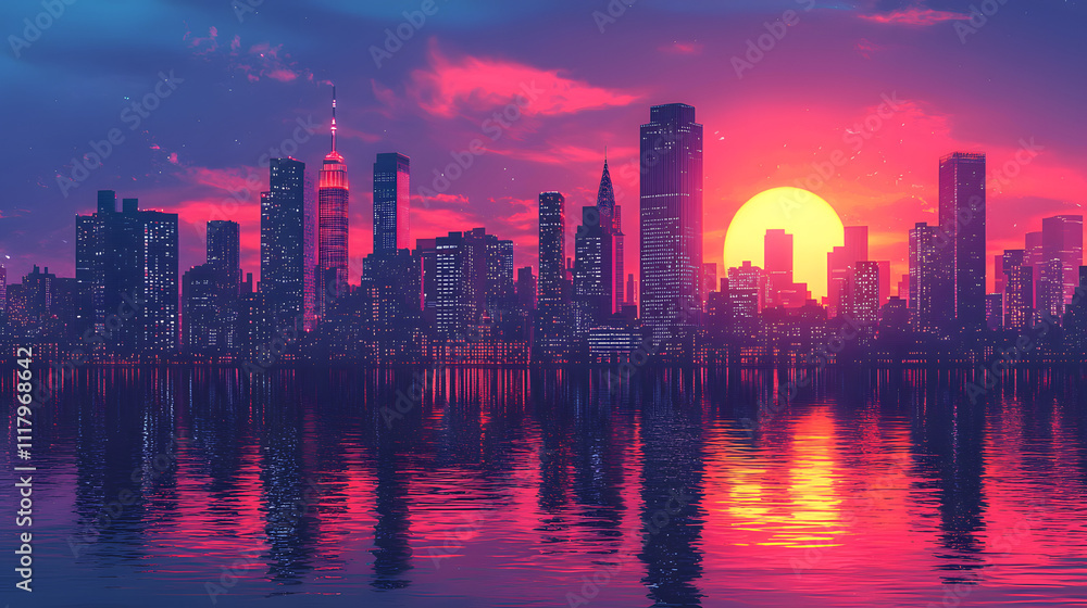 Obraz premium city, sunset, skyline, sky, cityscape, building, architecture, water, sunrise, dusk, urban, downtown, buildings, sun, night, clouds, evening, skyscraper, river, silhouette, landscape, view, morning, t