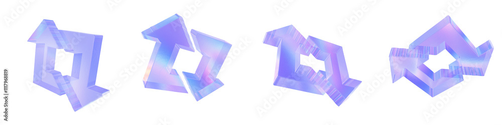 Set of 4 3d glass combine left and right arrows shape with aberration effect isolated on a transparent background. Blue tone. 3d transparent elements for graphic design. Set of 4 3d glass combine left and right arrows shape with aberration effect isolated on a transparent background. Blue tone. 3d transparent elements for graphic design.