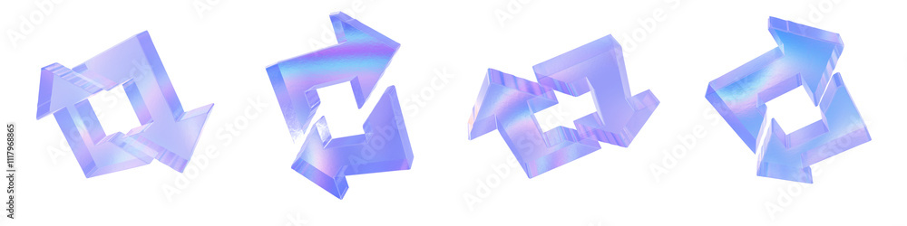 Set of 4 3d glass combine left and right arrows shape with aberration effect isolated on a transparent background. Blue tone. 3d transparent elements for graphic design. Set of 4 3d glass combine left and right arrows shape with aberration effect isolated on a transparent background. Blue tone. 3d transparent elements for graphic design.
