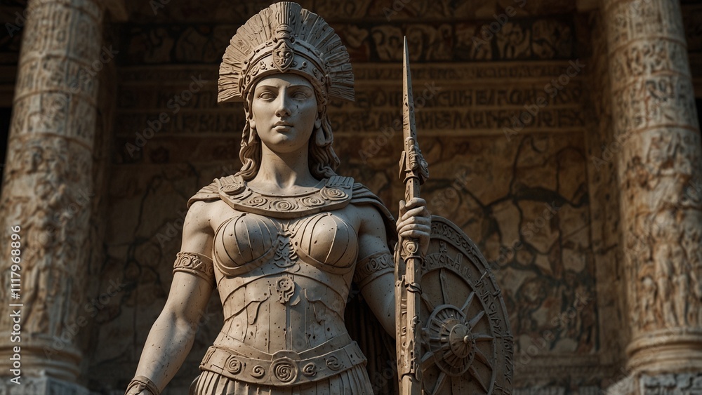Obraz premium Statue of Athena, the goddess of wisdom and war, holding a shield and spear in both hands, with a backdrop of ancient battlefields and tactical maps, with carvings depicting her as the dual goddess of
