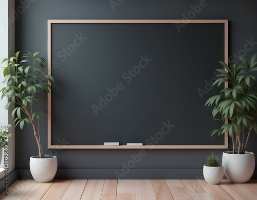 blank chalkboard with wooden frame on clean wall photo